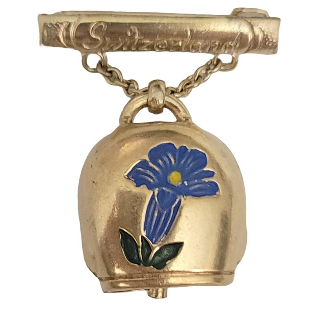 Switzerland Bar Pin With Bell Dangle, Blue Enamel Flower Pin Brooch
